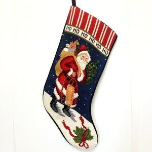 Hand-Stiched Needlepoint Santa Christmas Stocking - Holiday Decor